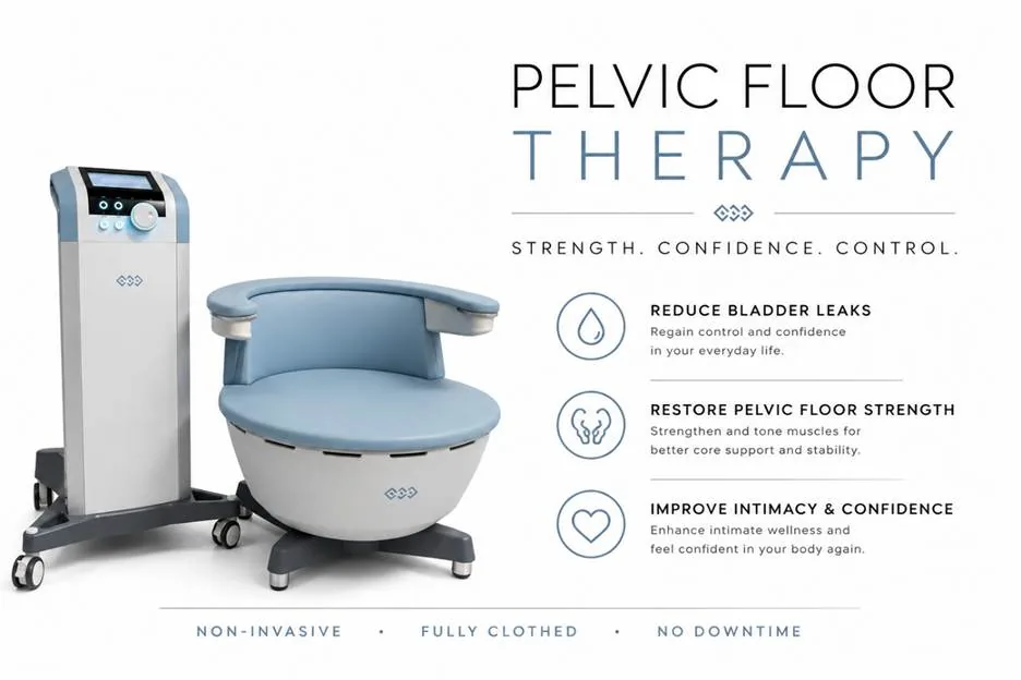 Pelvic Floor Therapy — strength, confidence, control. Reduce bladder leaks, restore pelvic floor strength, improve intimacy and confidence. Non-invasive, fully clothed, no downtime.